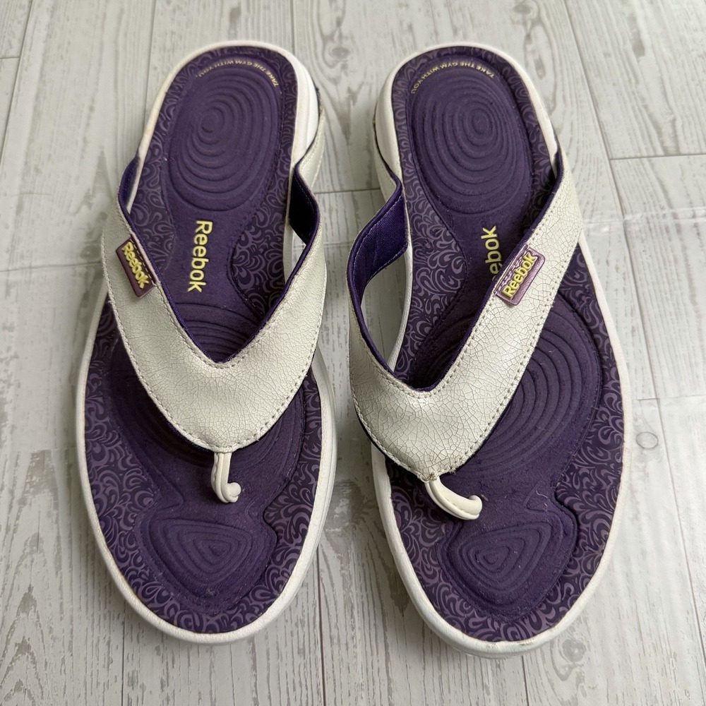 Reebok Easytone Women's Sz 5 Flip Flops White Purple Sandals Shoes Exercise Gym